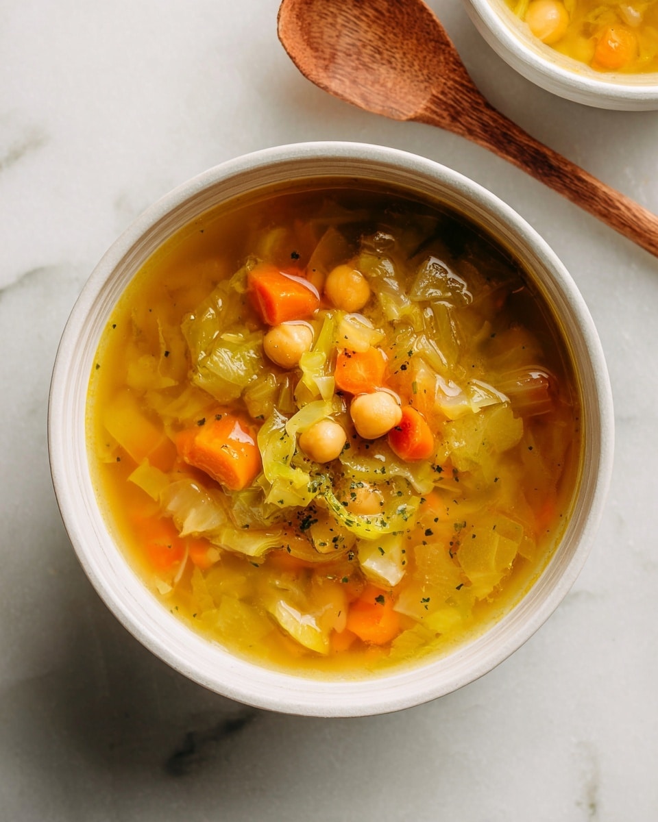 Large white ceramic bowl filled with a hearty vegetable soup containing chickpeas, diced carrots, cabbage, and celery in a clear golden broth, accompanied by a second bowl in the background, whole dish styled on a white marble countertop with natural lighting, professional 3/4 angle food magazine hero shot, photo taken with an iphone --ar 4:5 --v 7