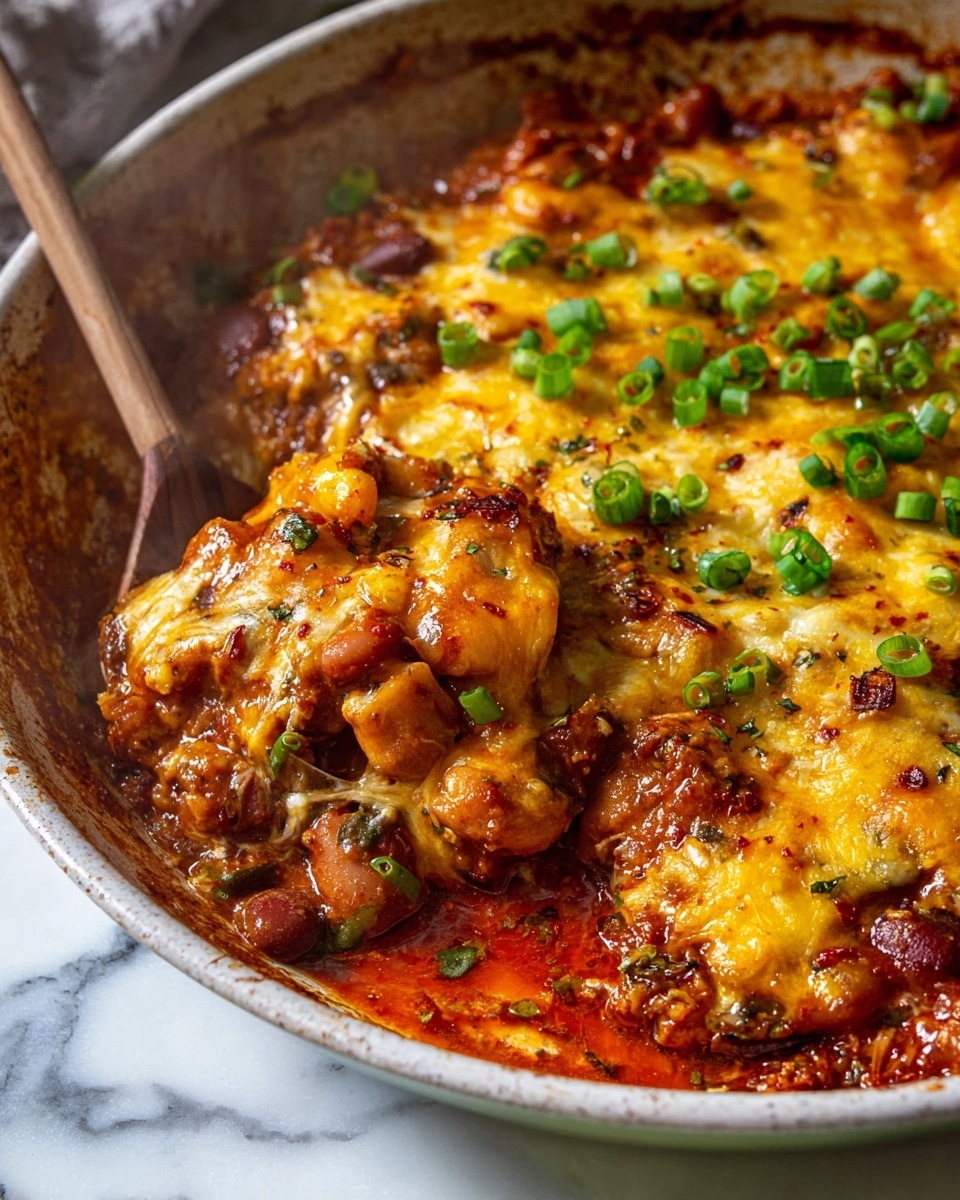 Cast iron skillet filled with a whole baked cheesy chicken sausage skillet dish, topped with melted golden mozzarella and cheddar cheeses, scattered with chopped green onions and fresh herbs, all simmering in a rich, vibrant tomato sauce with visible chunks of sausage and peppers, presented in the full skillet on a white marble countertop, photographed from a 3/4 angle with natural lighting, professional food magazine hero shot, photo taken with an iphone --ar 4:5 --v 7