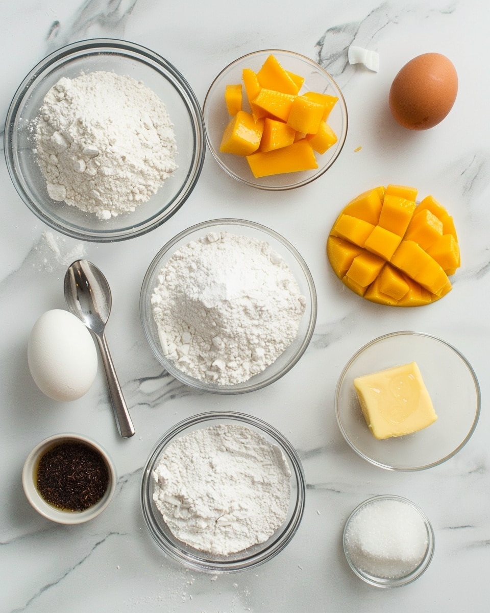 Single white plate featuring one round Thai mango sticky rice cake showcasing a close-up, angled view that reveals the translucent sticky rice base topped with vibrant yellow mango slices and a dollop of creamy coconut sauce sprinkled with black sesame seeds, placed on a white marble surface with natural lighting, styled as a ready-to-eat individual serving from a food blog, photo taken with an iphone --ar 4:5 --v 7