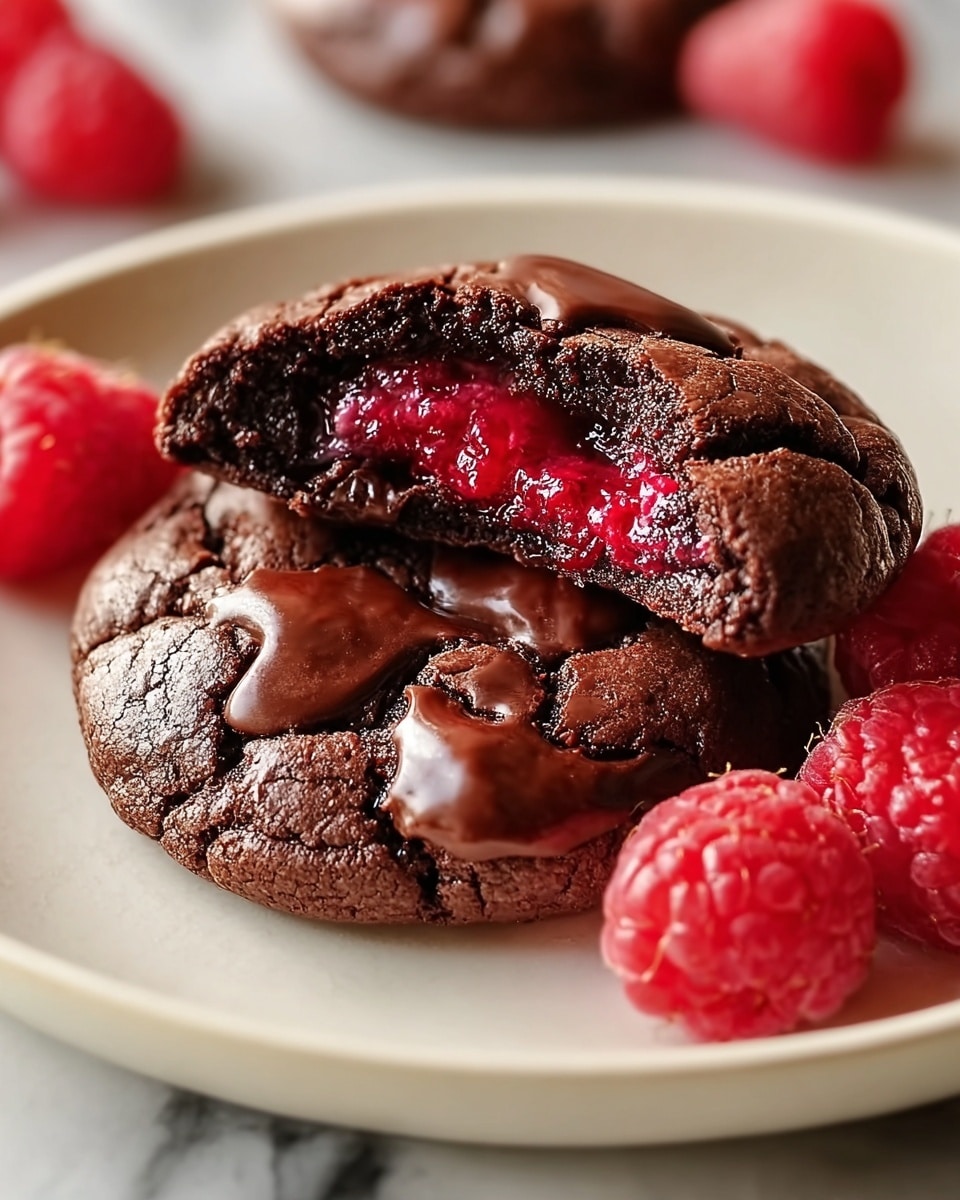 Large white plate filled with multiple whole chocolate raspberry cookies, each cookie showing a cracked, glossy chocolate surface with a rich, dark brown color, accompanied by fresh raspberries arranged artistically around the cookies, all photographed at a 3/4 angle on a white marble countertop with natural lighting, styled professionally like a hero shot from a food magazine, photo taken with an iphone --ar 4:5 --v 7