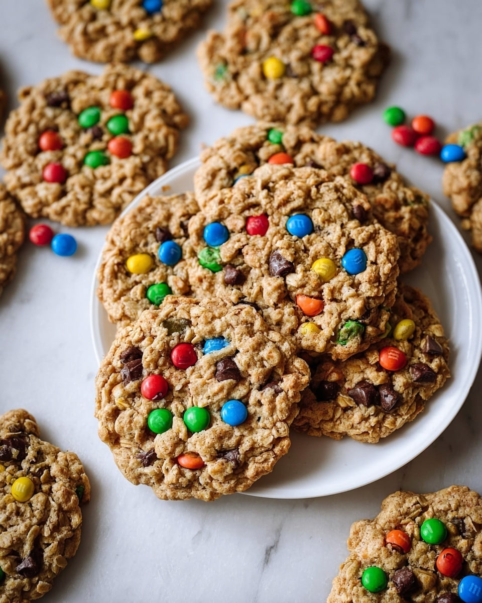 Large white platter heaped with a full batch of freshly baked oatmeal cookies generously studded with vibrant, colorful candy-coated chocolate pieces and rich chocolate chips, the cookies rustic and textured with a golden-brown perfect bake, arranged casually but appealingly to showcase the entire batch, photographed from above on a white marble countertop with natural lighting to highlight the inviting warmth and crunch, professional food styling photo taken with an iphone --ar 4:5 --v 7