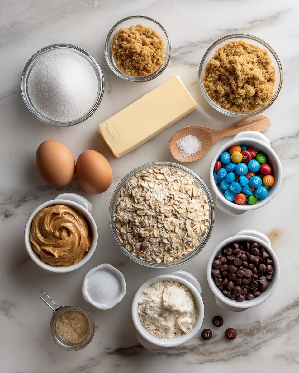 A single white plate featuring one large oatmeal cookie studded with colorful M&M candies and semi-sweet chocolate chips, close-up angled shot highlighting the crisp edges and chewy interior texture with visible oats and melted chocolate chips, natural light enhancing the vibrant candy colors, placed on a white marble surface, styled as a ready-to-eat portion from a food blog, photo taken with an iphone --ar 4:5 --v 7