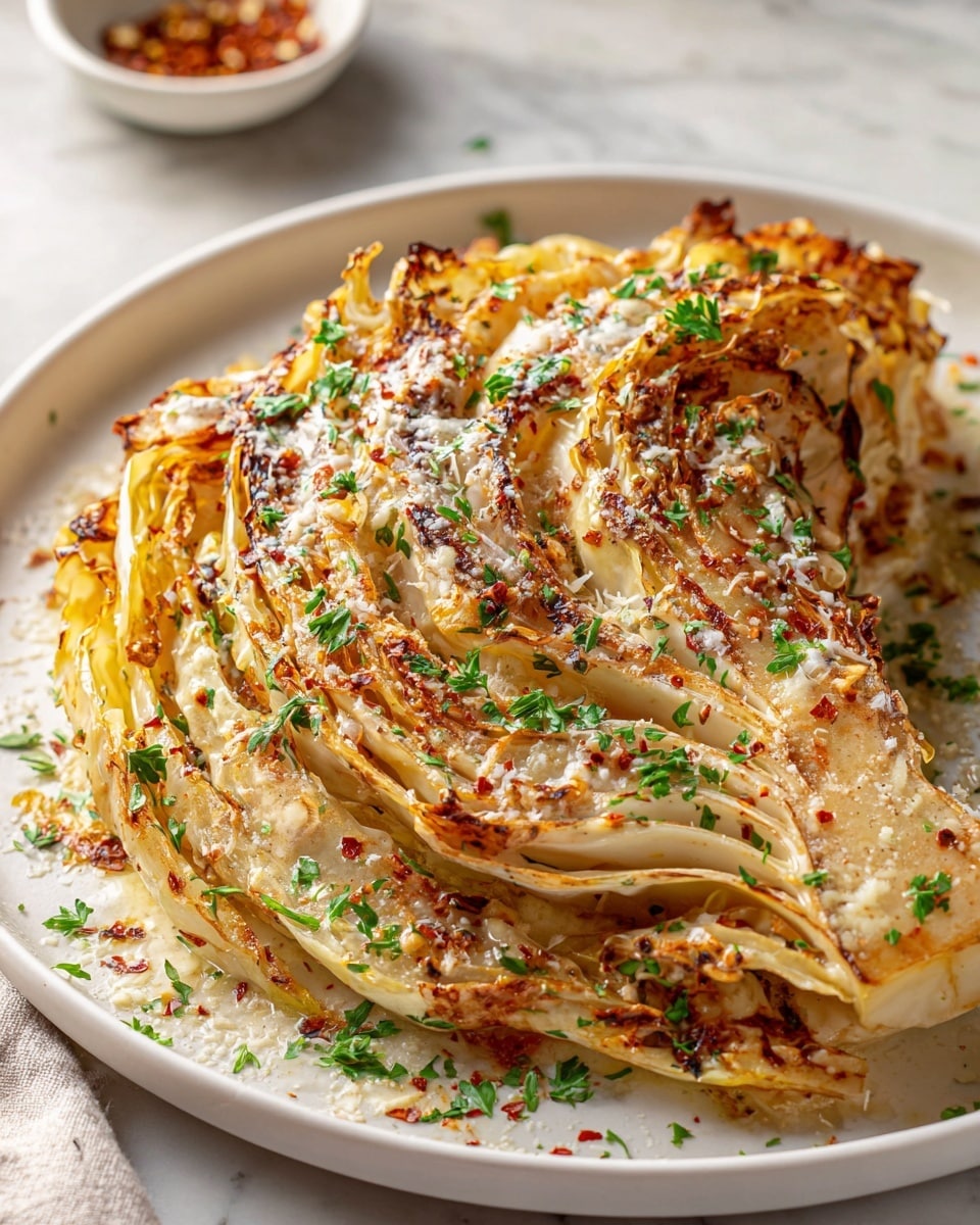 Black cast iron skillet filled with a whole baked creamy cabbage dish, featuring large wedges of tender roasted cabbage smothered in a rich, golden sauce and topped with melted cheese, red pepper flakes, and finely chopped fresh parsley, the entire dish shown in frame with a rustic wooden spatula lifting one wedge, set on a white marble countertop with natural lighting, professional food styling photo taken with an iphone --ar 4:5 --v 7