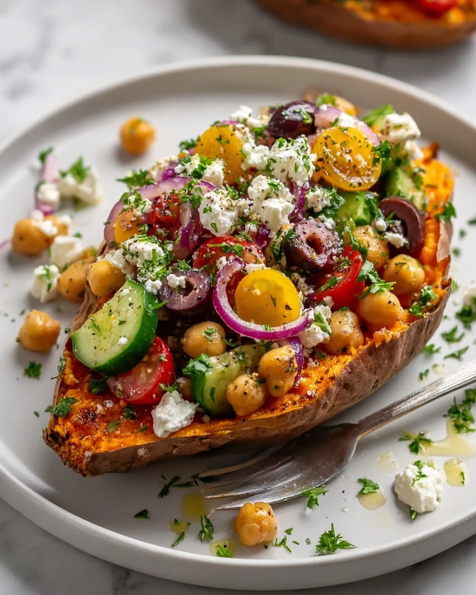 A large white oval platter filled with four whole roasted sweet potatoes, each topped generously with a vibrant Mediterranean salad consisting of halved yellow and red cherry tomatoes, chickpeas, chopped cucumbers, thinly sliced red onions, sliced Kalamata olives, crumbled feta cheese, and fresh chopped mint and parsley, all arranged neatly and brightly on the platter. The entire dish is presented on a white marble countertop with natural sunlight illuminating the colors and textures, captured from a 3/4 angle for a professional food magazine hero shot, photo taken with an iphone --ar 4:5 --v 7