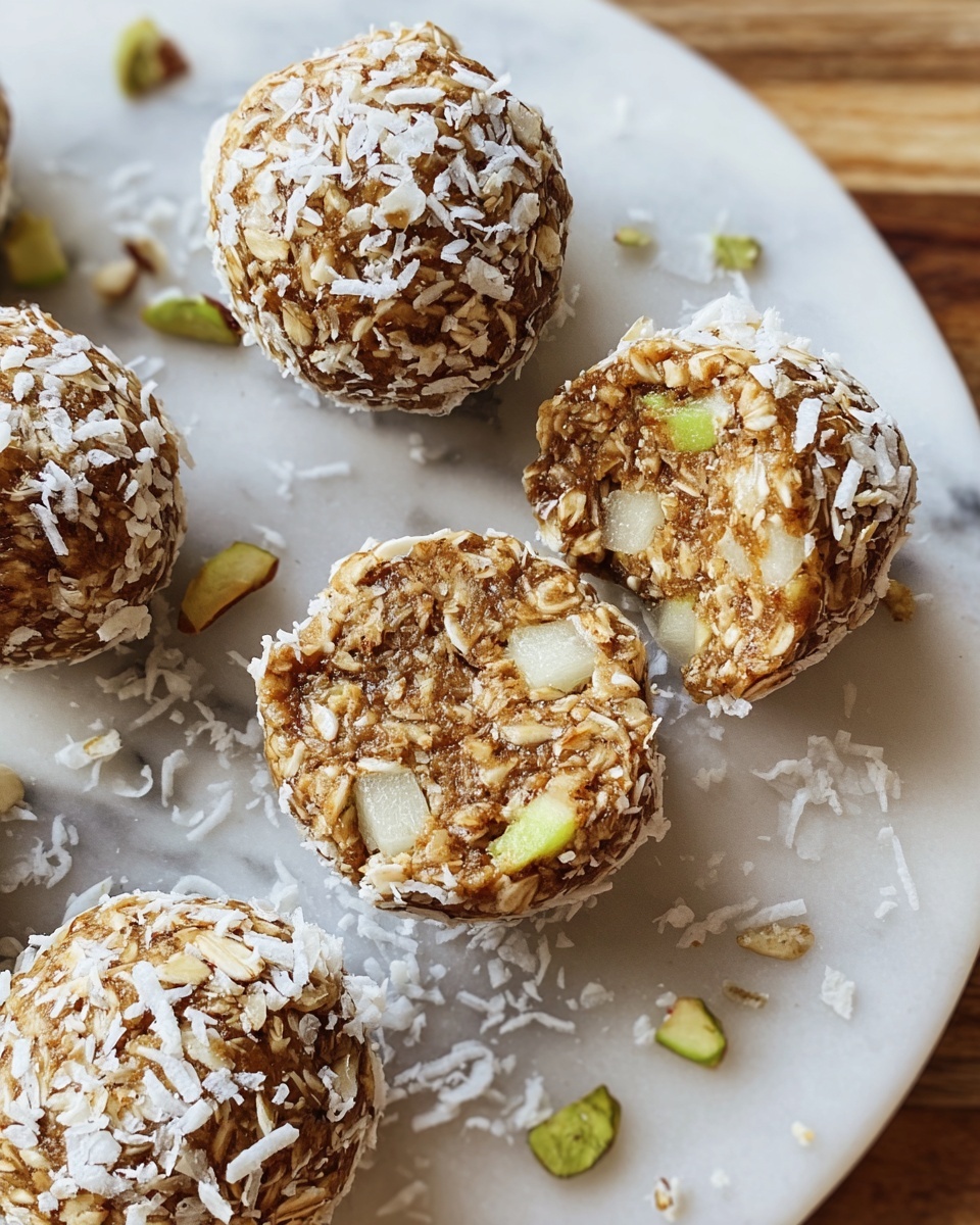 White ceramic platter with an array of round apple cinnamon energy balls, each covered in shredded coconut flakes and speckled with cinnamon powder, studded with small chunks of green apple, arranged neatly together, accompanied by fresh green apple slices on the side, all presented on a rustic wooden surface with natural lighting, whole dish shown from a 3/4 angle on a white marble backdrop, professional food magazine style photo taken with an iphone --ar 4:5 --v 7