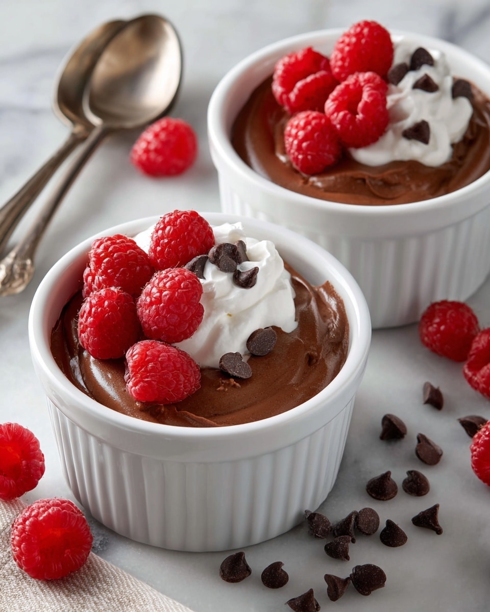 Two large white ramekins filled with rich, creamy chocolate mousse, each topped with fresh, plump raspberries and dollops of fluffy whipped cream, the mousse smooth and glossy, with scattered dark chocolate chips nearby on a white marble countertop, natural lighting enhancing the texture and color, professional food magazine hero shot taken with an iphone --ar 4:5 --v 7