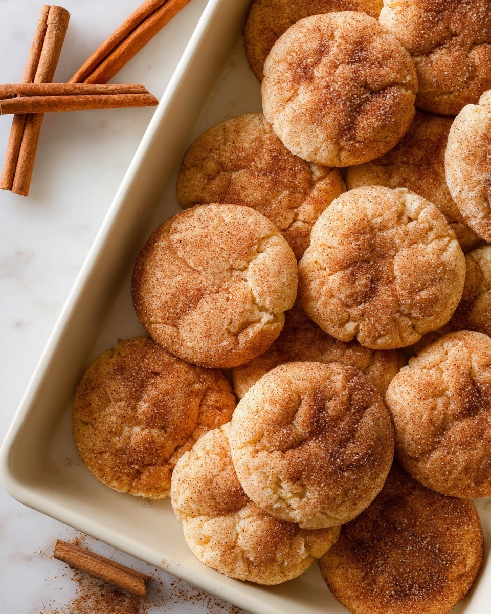 Large white rectangular baking tray filled with a full batch of soft, golden-brown snickerdoodle cookies, each generously coated with cinnamon sugar and lightly cracked on top, arranged neatly and freshly baked, accompanied by whole cinnamon sticks for garnish, photographed from a 3/4 angle on a white marble countertop with natural lighting, professional food styling photo taken with an iphone --ar 4:5 --v 7