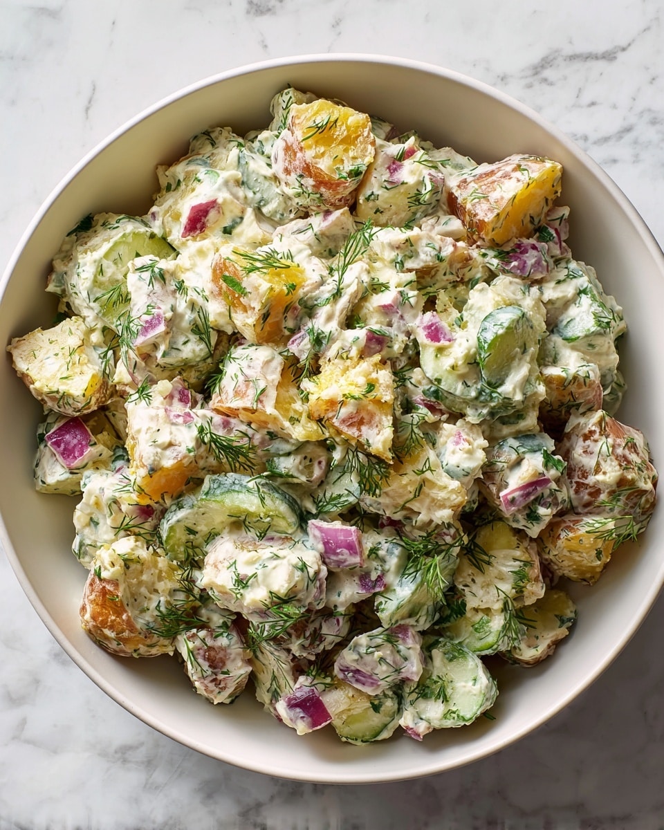 Large white serving bowl filled with creamy potato salad mixed with fresh diced cucumbers, red onions, herbs, and chunks of golden crispy roasted potatoes, garnished with finely chopped dill and parsley, whole dish photographed from above on a white marble countertop with natural lighting, professional food magazine style hero shot, photo taken with an iphone --ar 4:5 --v 7