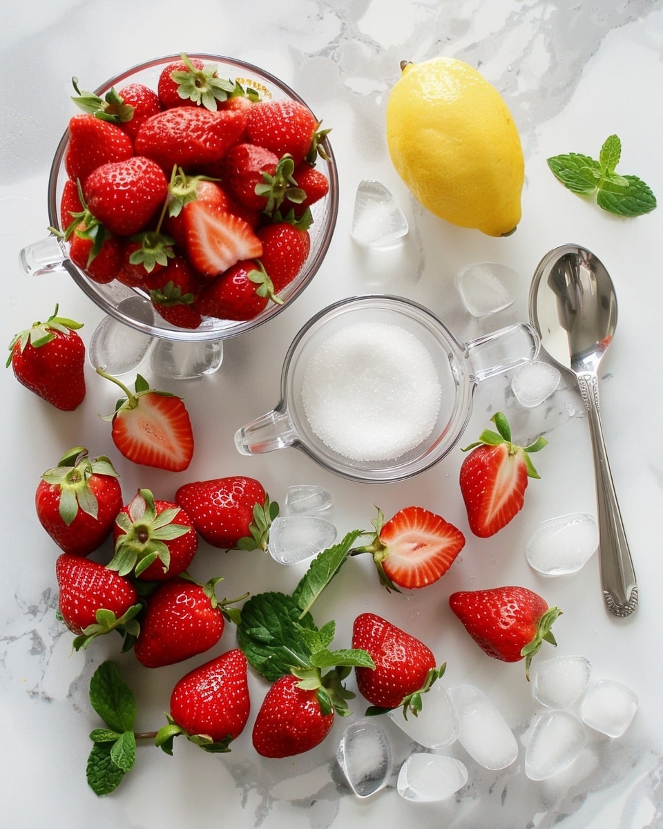 Single white tumbler glass filled with a refreshing strawberry-infused beverage, showcasing ice cubes and thin strawberry slices floating on top, garnished with a fresh sprig of mint, placed on a white marble surface, close-up angle emphasizing the bright red color and condensation on the glass, styled as a ready-to-drink individual serving from a food blog, natural lighting, photo taken with an iphone --ar 4:5 --v 7