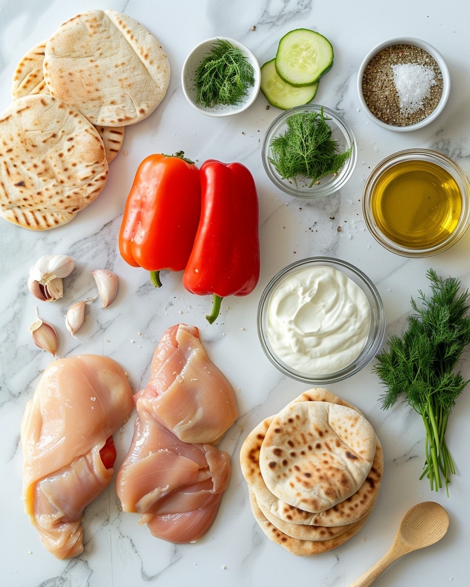 Single white plate showcasing one pita sandwich stuffed with charred, spiced chicken pieces, crisp shredded lettuce, fresh dill sprigs, and a dollop of creamy tzatziki sauce visible on top and inside, the warm pita slightly toasted with golden brown spots, close-up angled shot highlighting the succulent interior textures and vibrant colors, placed on white marble surface with natural lighting, styled like a food blog serving ready to be enjoyed, photo taken with an iphone --ar 4:5 --v 7