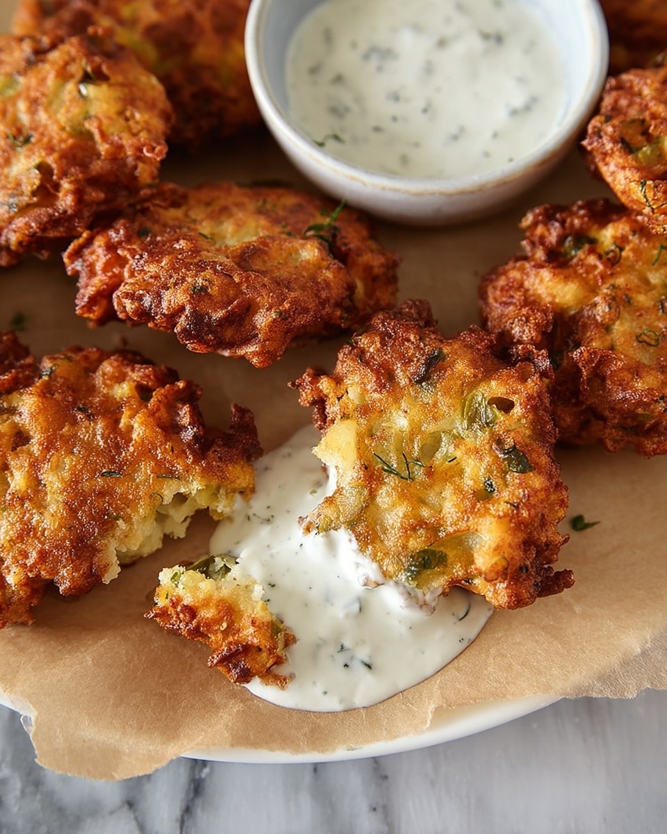 A large white rectangular serving platter filled with a generous batch of crispy, golden brown fried fritters studded with visible chunks of green vegetables and diced onions, arranged in a neat yet abundant display. The fritters have a crunchy texture with a lightly browned, irregular surface catching the natural light, showcasing the homemade rustic appeal. Shot from a 3/4 angle framing the entire platter on a clean white marble countertop, in natural daylight, styled like a professional food magazine hero shot. Photo taken with an iphone --ar 4:5 --v 7