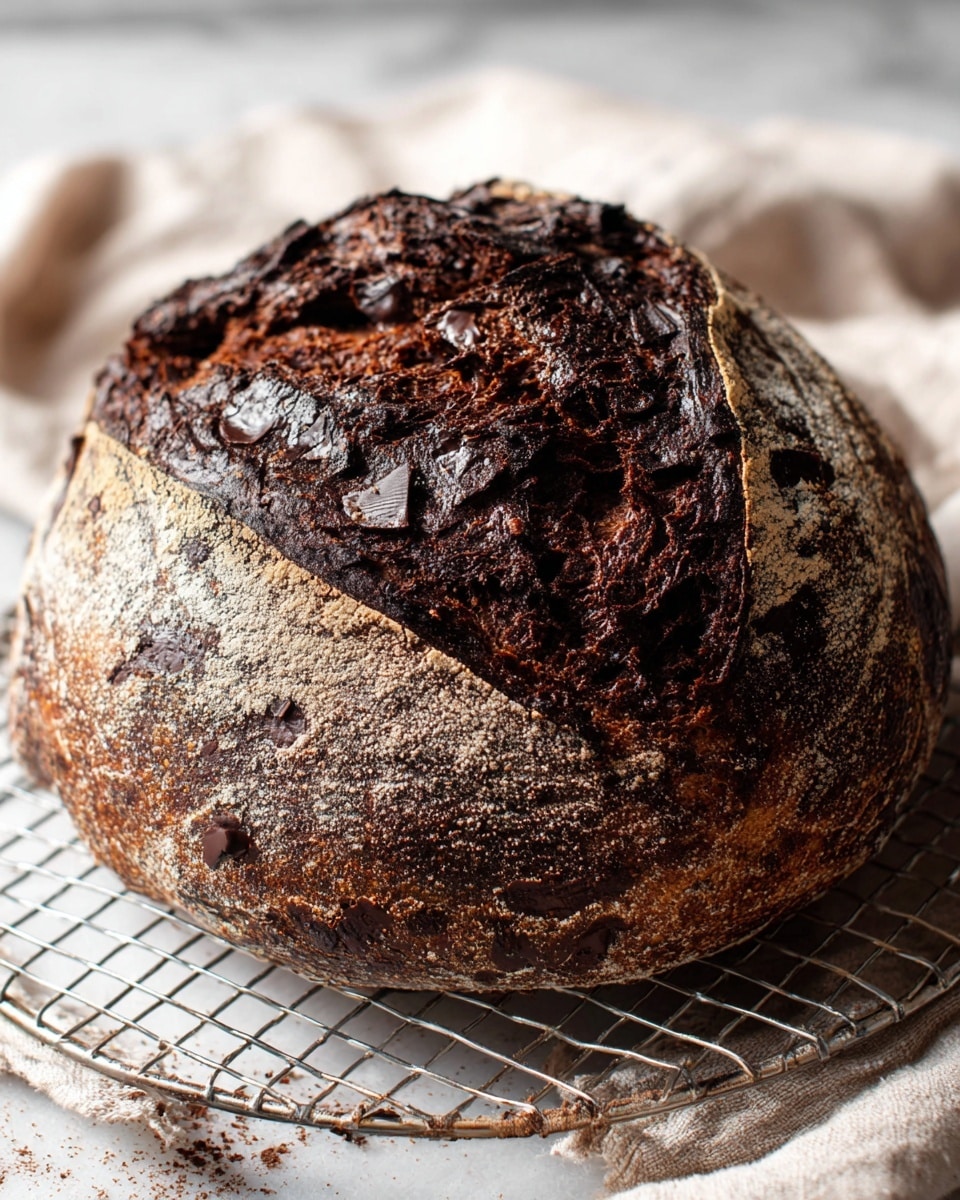 Whole rustic loaf of chocolate sourdough bread, with a deep, rich dark crust cracked open naturally to reveal a dense, moist interior filled with luscious swirls of melted dark chocolate chunks and smooth cocoa, beautifully textured with a dusting of flour on the surface, displayed on a white wire cooling rack over a white marble countertop, captured in natural light from a 3/4 angle, professional food styling photo taken with an iphone --ar 4:5 --v 7