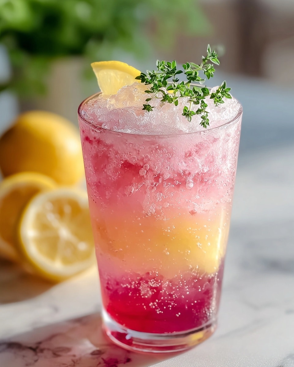 Tall white pitcher filled with refreshing pink and yellow layered lemonade, garnished with fresh lemon slices and sprigs of green herbs, accompanied by whole fresh lemons and lemon halves on a white marble countertop, natural lighting highlighting the sparkling bubbles and ice cubes, professional food magazine hero shot photo taken with an iphone --ar 4:5 --v 7