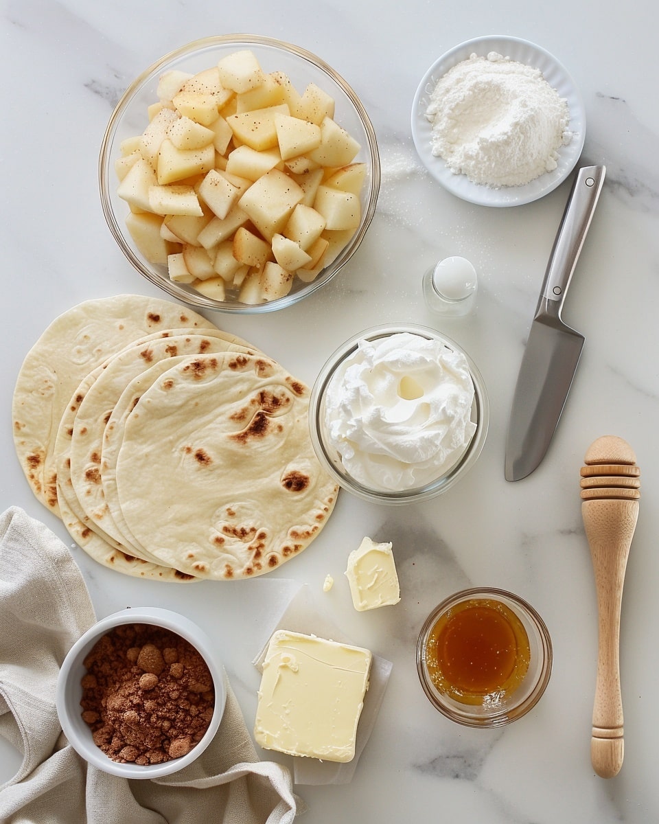 Single white plate with one folded quesadilla quarter showing the soft, slightly charred tortilla enveloping a warm filling of tender apple chunks mixed with cinnamon and a smooth, creamy layer beneath, drizzled artistically with caramel sauce, close-up view emphasizing the moist, spiced interior textures against the crisp tortilla, presented on white marble under natural light, styled like a food blog serving, photo taken with an iphone --ar 4:5 --v 7