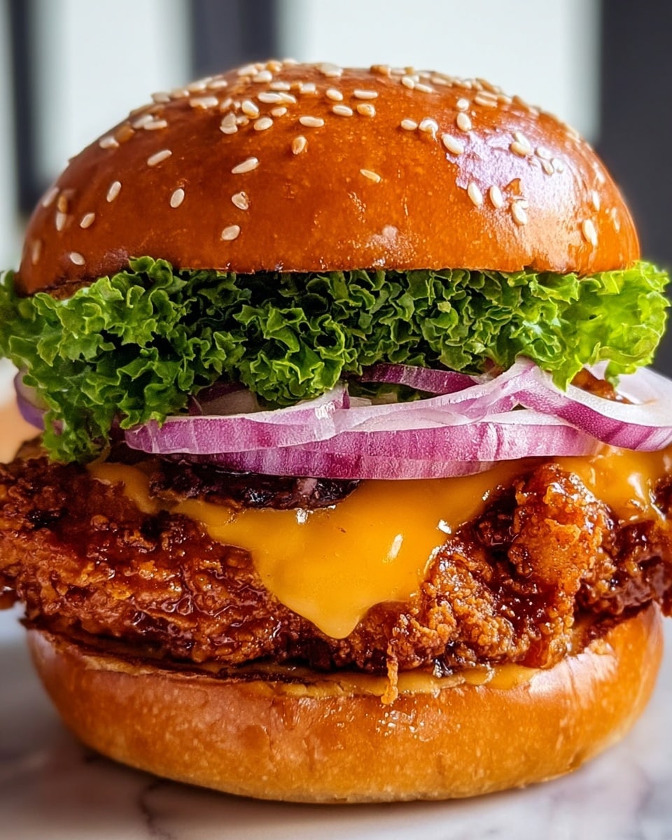 A large white plate showcasing a whole, uncut crispy fried chicken sandwich with a shiny, golden brioche bun topped with black sesame seeds, layers of fresh green lettuce, melted cheddar cheese, thick slices of red onion, and perfectly crispy fried chicken coated in a glossy, flavorful sauce, the entire sandwich displayed at a 3/4 angle on a white marble surface with natural lighting, styled as a professional food magazine hero shot, photo taken with an iphone --ar 4:5 --v 7