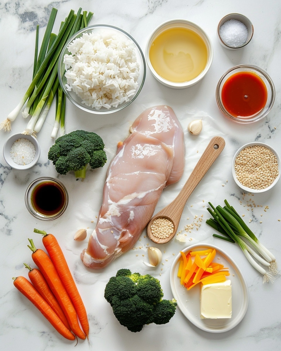 Single white bowl containing a plated serving of grilled glazed chicken chunks layered over fluffy white rice, topped with a creamy orange-hued sauce drizzled artistically and garnished with chopped green onions. Surrounding the chicken are vibrant, fresh julienned carrots, thinly sliced cucumbers, and shredded purple cabbage, all arranged neatly to showcase contrasting textures and colors. The close-up angle reveals the caramelized exterior of the chicken and the moist, tender interior with a focus on the sauce and freshness of the vegetables, set on a white marble background under natural lighting, styled like a food blog serving. Photo taken with an iphone --ar 4:5 --v 7