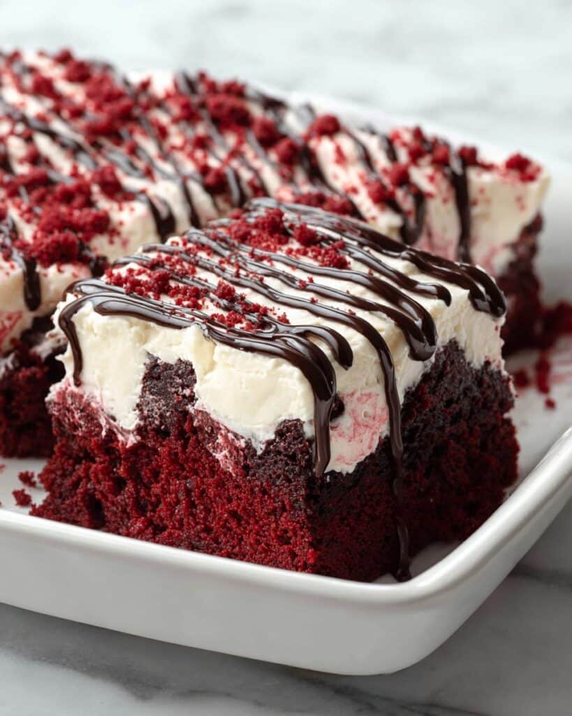 Red Velvet Poke Cake with Fudge Brownie Layer and Cream Cheese Topping Recipe