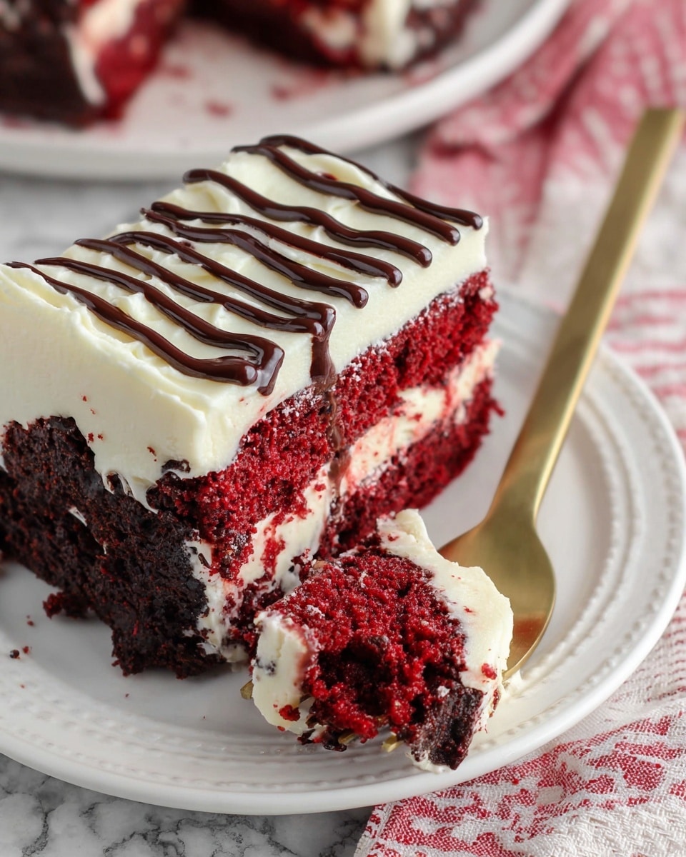 Whole large rectangular white baking dish filled with rich, moist red velvet chocolate poke cake, topped generously with creamy white frosting and evenly drizzled with smooth dark chocolate sauce, the cake appearing luscious and dense with vibrant red crumbs contrasting the deep chocolate base, shot from a 3/4 angle capturing the entire uncut dessert on a white marble background with natural light, styled like a hero shot from a food magazine, photo taken with an iphone --ar 4:5 --v 7