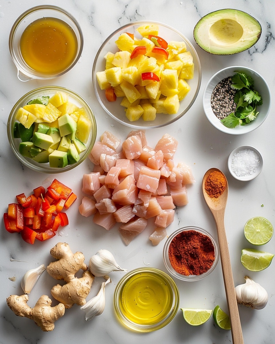 Single white plate featuring one soft corn tortilla taco folded with seasoned, grilled shredded chicken, topped generously with a vibrant pineapple salsa made of fresh pineapple chunks, finely diced red onion, chopped cilantro, and red bell pepper pieces, angled view revealing the juicy, textured chicken filling and fresh salsa layering, lime wedge garnish on the side, natural lighting highlighting the bright colors and textures against a white marble background, intimate styled food blog serving photo taken with an iphone --ar 4:5 --v 7