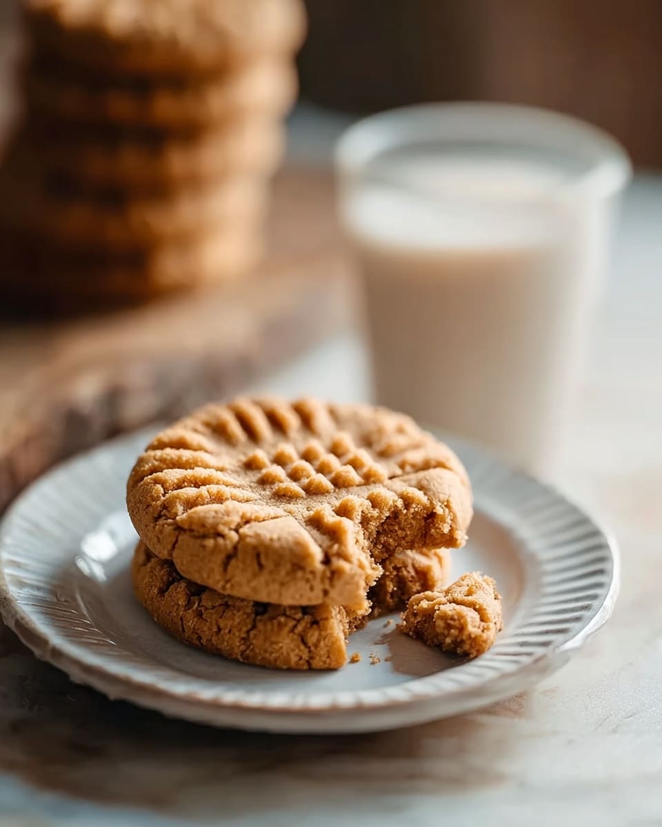 A large white ceramic plate artfully stacked with multiple freshly baked peanut butter cookies, each with a classic crisscross fork pattern on top, showcasing a golden-brown, slightly crumbly texture, arranged beside a tall glass of cold milk, all placed on a white marble countertop under natural lighting, photographed from a 3/4 angle in a professional food magazine hero shot style, photo taken with an iphone --ar 4:5 --v 7