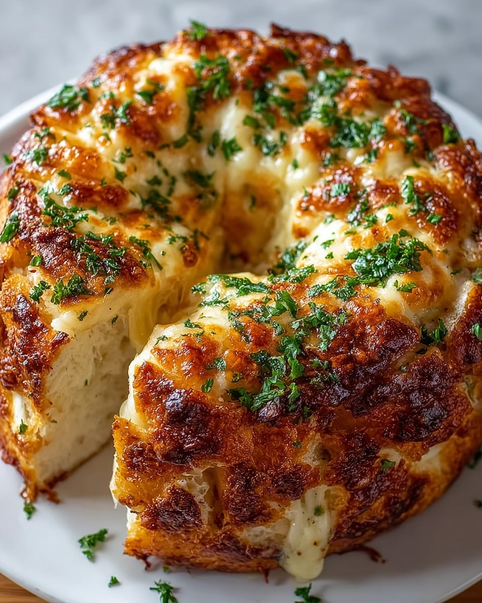 Whole golden brown garlic cheese pull-apart bread wreath, richly baked with melted cheese bubbling and caramelized on top, sprinkled generously with fresh chopped parsley, presented on white parchment paper on a white marble surface, photographed from a 3/4 angle with natural lighting, styled as a hero shot in a food magazine photo taken with an iphone --ar 4:5 --v 7