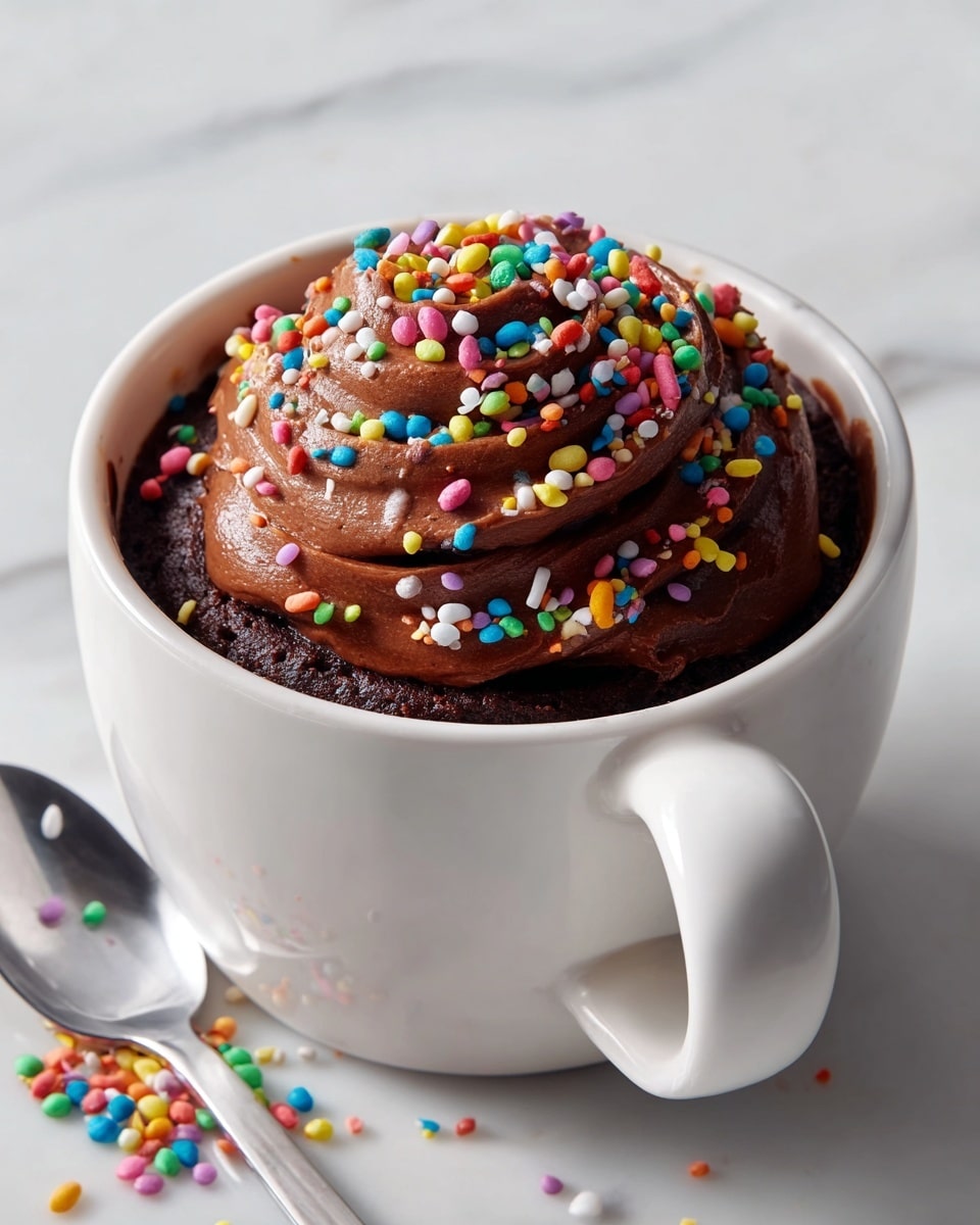Large white ceramic mug filled with rich, glossy chocolate mug cake topped with vibrant, multi-colored candy sprinkles, the entire uncut cake showcasing a smooth swirl of chocolate frosting on top. The mug is set on a pristine white marble countertop with natural lighting highlighting the deep chocolate tones and colorful decoration, styled as a professional overhead hero shot in a food magazine, photo taken with an iphone --ar 4:5 --v 7