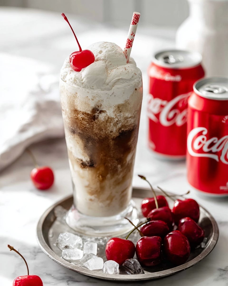 A tall white glass filled with a classic cherry vanilla cream soda float, showcasing creamy vanilla ice cream at the bottom blending into rich, fizzy cola foam on top, garnished with a bright red maraschino cherry and a striped straw, accompanied by an ice-filled silver tray holding multiple fresh cherries and two red cans of Coca-Cola in the background, entire scene captured in natural light on a white marble surface, professional food magazine style photo taken with an iphone --ar 4:5 --v 7