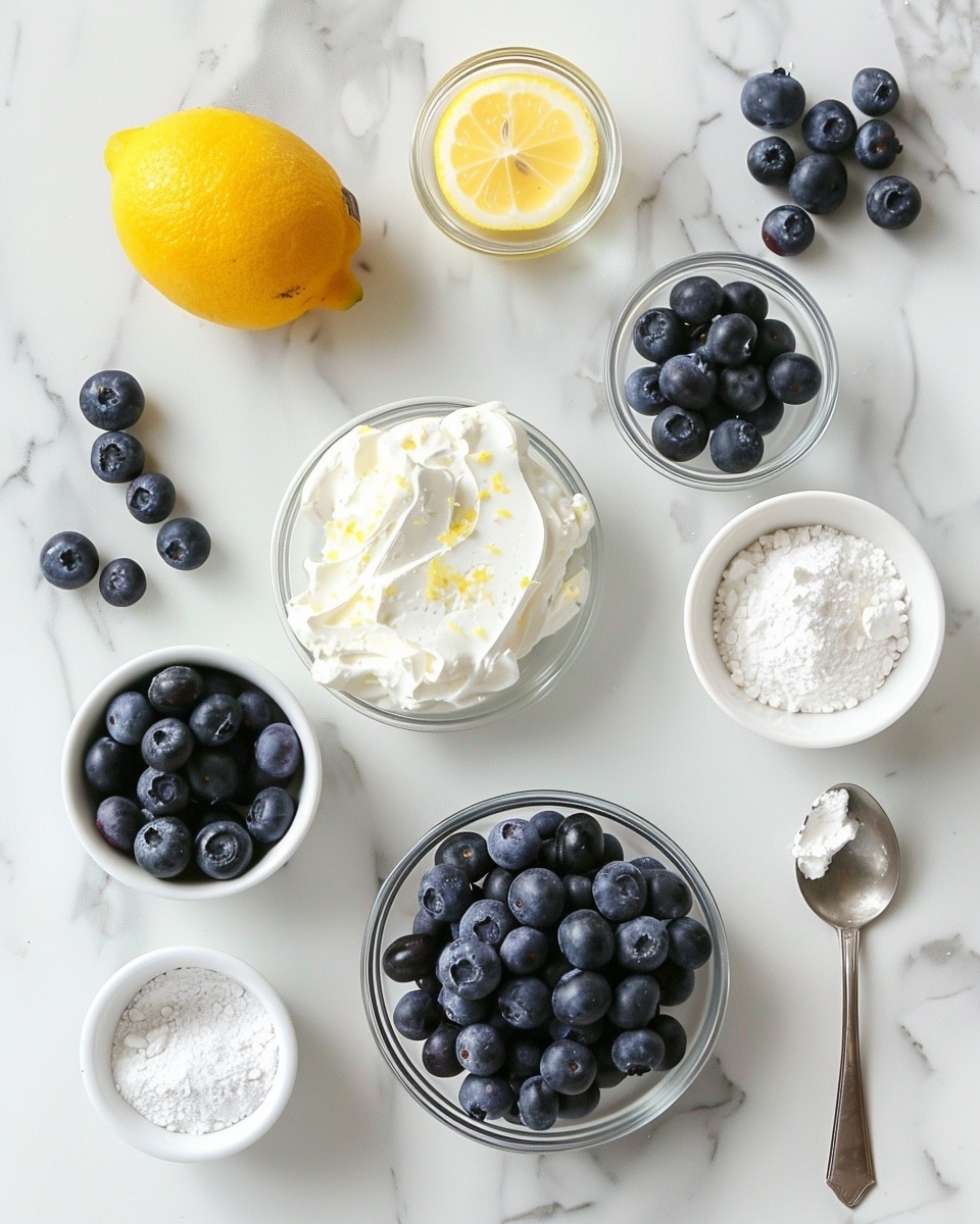 Single white bowl with a close-up view of a serving of creamy blueberry lemon fluff salad, showing the light purple whipped texture dotted with whole blueberries, topped with fresh blueberries and bright yellow lemon zest curls, against a white marble background with natural lighting, styled like a food blog intimate plated serving photo taken with an iphone --ar 4:5 --v 7