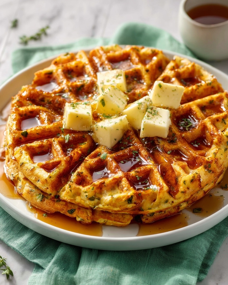 Large white round plate showcasing a whole golden-brown savory waffle cooked to crispy perfection, evenly textured and studded with visible bits of herbs and vegetables throughout, lightly melted butter cubes atop, drizzled with rich maple syrup pooling gently around the edges, placed on a soft green cloth on a white wooden table, photographed with natural lighting from a 3/4 angle to capture the entire waffle, styled as a hero shot on a white marble background, professional food magazine quality photo taken with an iphone --ar 4:5 --v 7