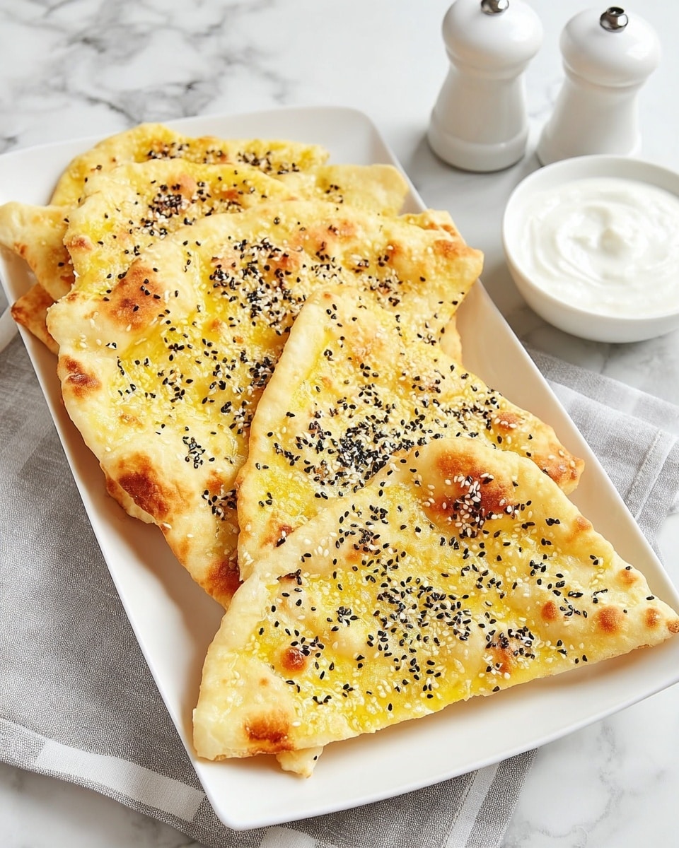 Large white rectangular platter with a full batch of golden baked garlic naan bread, each piece generously sprinkled with black and white sesame seeds and sea salt crystals, arranged neatly side by side to showcase the fluffy, slightly crispy texture. The vivid yellow of the garlic butter glaze shines under natural light on a pristine white marble countertop, accompanied by a small white bowl of creamy yogurt sauce and minimalist white salt and pepper shakers, professional food styling photo taken with an iphone --ar 4:5 --v 7