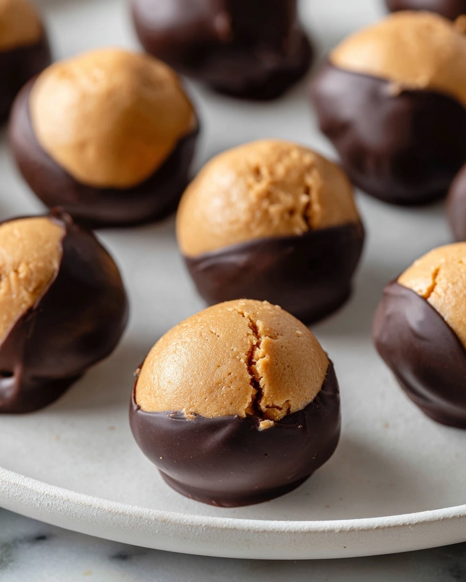 White plate filled with an ample arrangement of whole peanut butter balls dipped halfway in dark chocolate, each piece sprinkled with flakes of sea salt, showcasing their smooth texture and rich color contrast, presented in a neat pile on a white marble countertop, natural lighting emphasizing the glossy chocolate and crumbly peanut butter, professional food magazine hero shot from a 3/4 angle, photo taken with an iphone --ar 4:5 --v 7