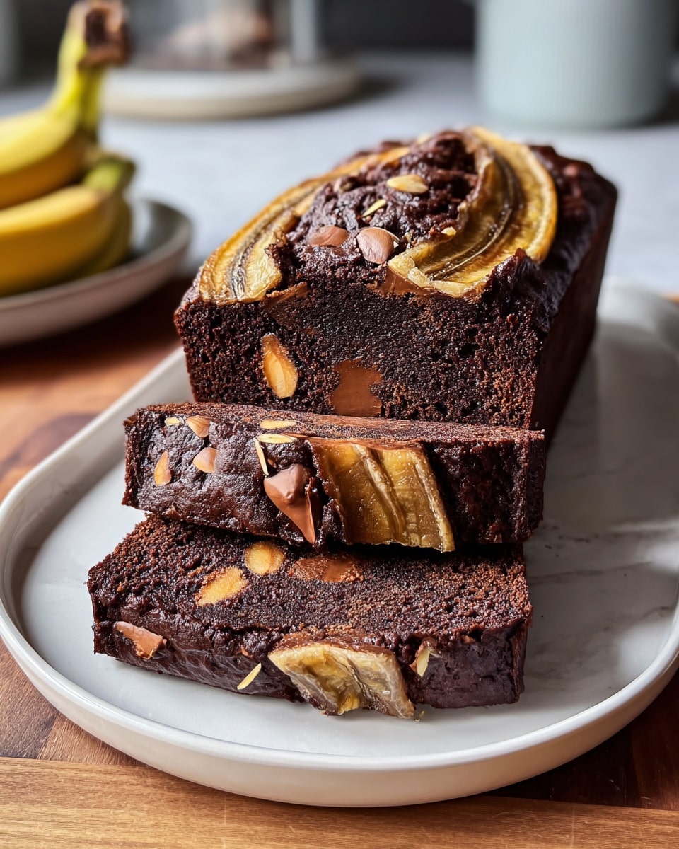 Whole chocolate banana loaf cake with a rich chocolate batter studded with slices of ripe banana and pockets of melted chocolate embedded throughout, topped with whole almond slices, presented on a large white ceramic plate, photographed from a 3/4 angle with a white marble background and natural lighting, styled as a professional food magazine hero shot, photo taken with an iphone --ar 4:5 --v 7