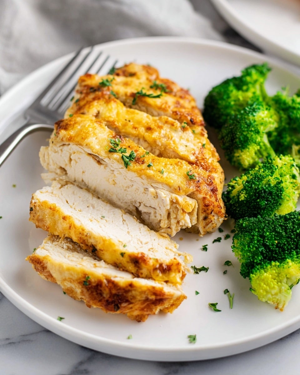Large white rectangular baking dish filled with a creamy, golden baked chicken gratin topped with melted cheese and a sprinkle of fresh parsley leaves, the whole dish presented on a wooden board atop a white marble countertop, lit by natural light in a professional food magazine style, photo taken with an iphone --ar 4:5 --v 7