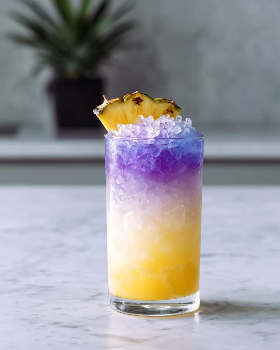 A white marble countertop featuring a collection of tall, clear highball glasses filled with the vibrant layered cocktail showcasing a gradient from bright yellow-orange at the bottom to a rich purple hue on top, each glass filled with crushed ice and garnished with fresh pineapple wedges and small blue cocktail spheres, arranged in an elegant row emphasizing the refreshing and tropical nature of the drink, professional overhead shot with natural lighting, food magazine hero shot style, photo taken with an iphone --ar 4:5 --v 7