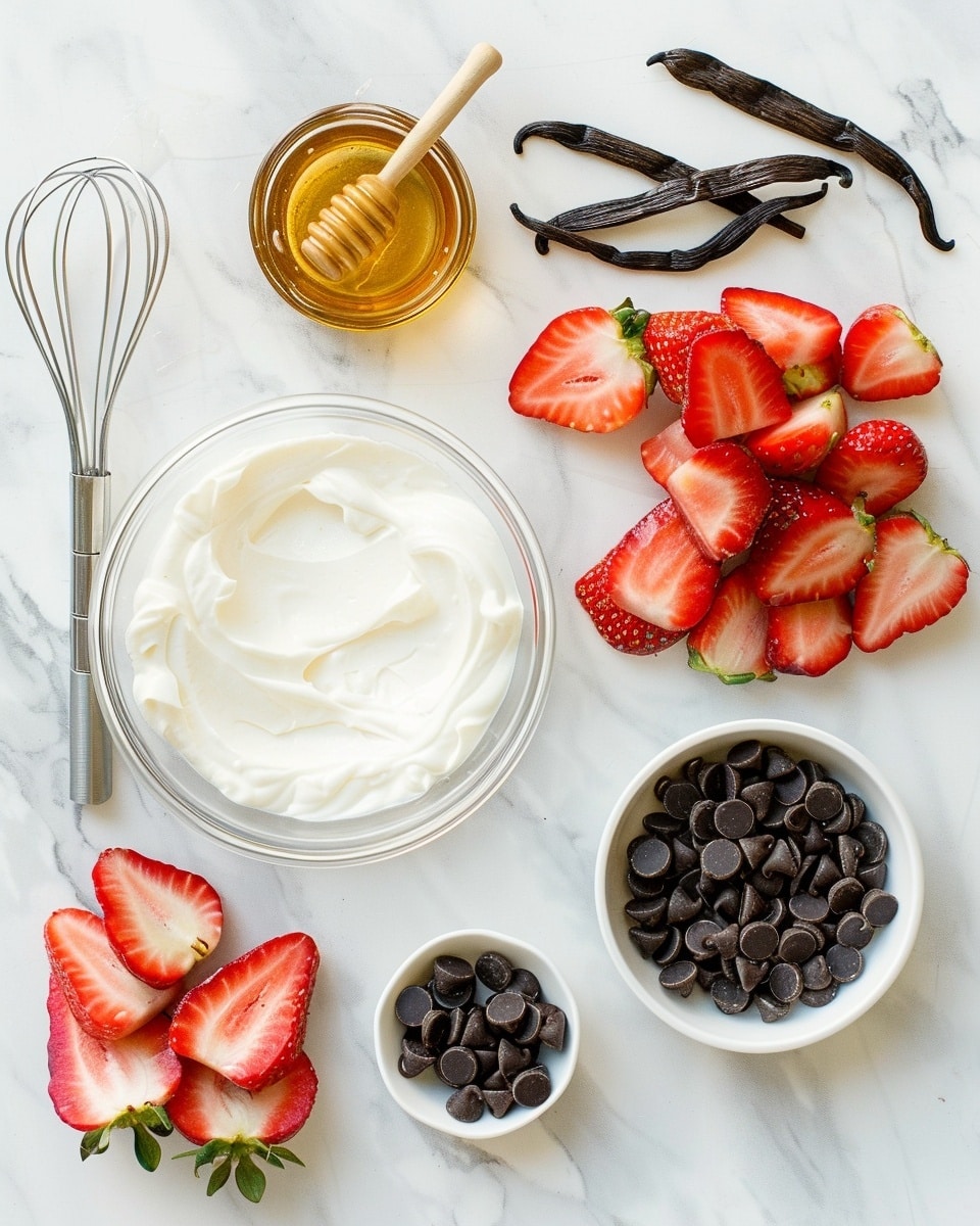 Single white square plate with one portion of creamy white chocolate bark loaded with fresh, thinly sliced vibrant strawberries scattered throughout, topped with elegant dark chocolate drizzle patterns highlighting the glossy texture, close-up angled shot revealing the smooth, rich layers of white chocolate and the juicy fruit, set on a clean white marble surface under natural light, styled like a food blog serving, photo taken with an iphone --ar 4:5 --v 7