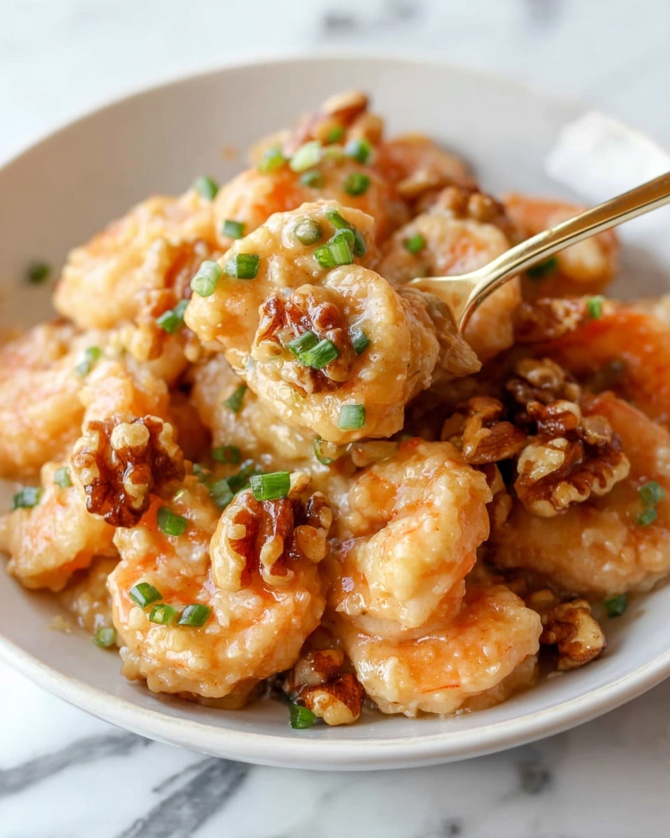 Large white serving bowl filled with a generous portion of creamy honey walnut shrimp, featuring crispy battered shrimp coated in a glossy, rich honey mayonnaise sauce, topped with crunchy caramelized walnuts and vibrant green sliced scallions, whole dish captured from a 3/4 angle on a white marble countertop with natural light highlighting the textures and colors, professional food styling photo taken with an iphone --ar 4:5 --v 7