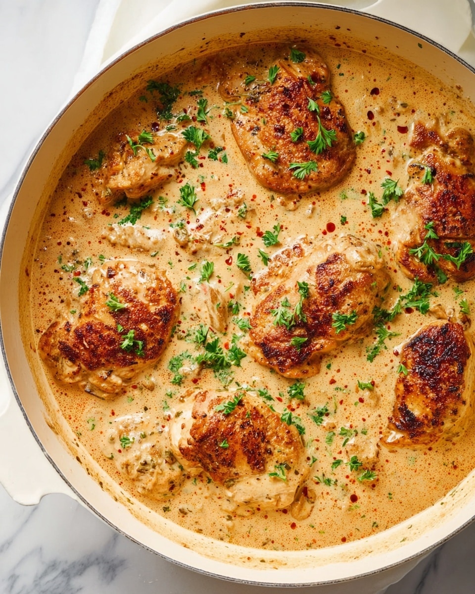 Large white shallow pan filled with a whole batch of creamy chicken cooked in a rich, golden cream sauce, with multiple browned chicken pieces simmering together, sprinkled with fresh green parsley for garnish, photographed from a 3/4 angle showing the entire pan on a white marble countertop, natural lighting, professional food styling photo taken with an iphone --ar 4:5 --v 7