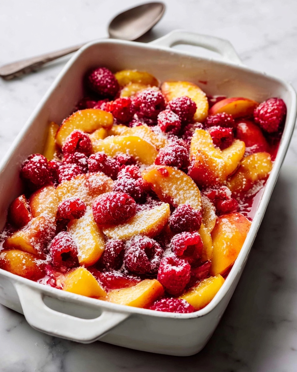 Large white rectangular baking dish filled with a vibrant mix of fresh cut peaches and whole raspberries generously sprinkled with powdered sugar, showcasing the juicy, ripe fruit layered evenly within the dish, captured from a professional 3/4 angle on a white marble countertop under natural light, styled as a bright, appetizing hero shot from a food magazine, photo taken with an iphone --ar 4:5 --v 7