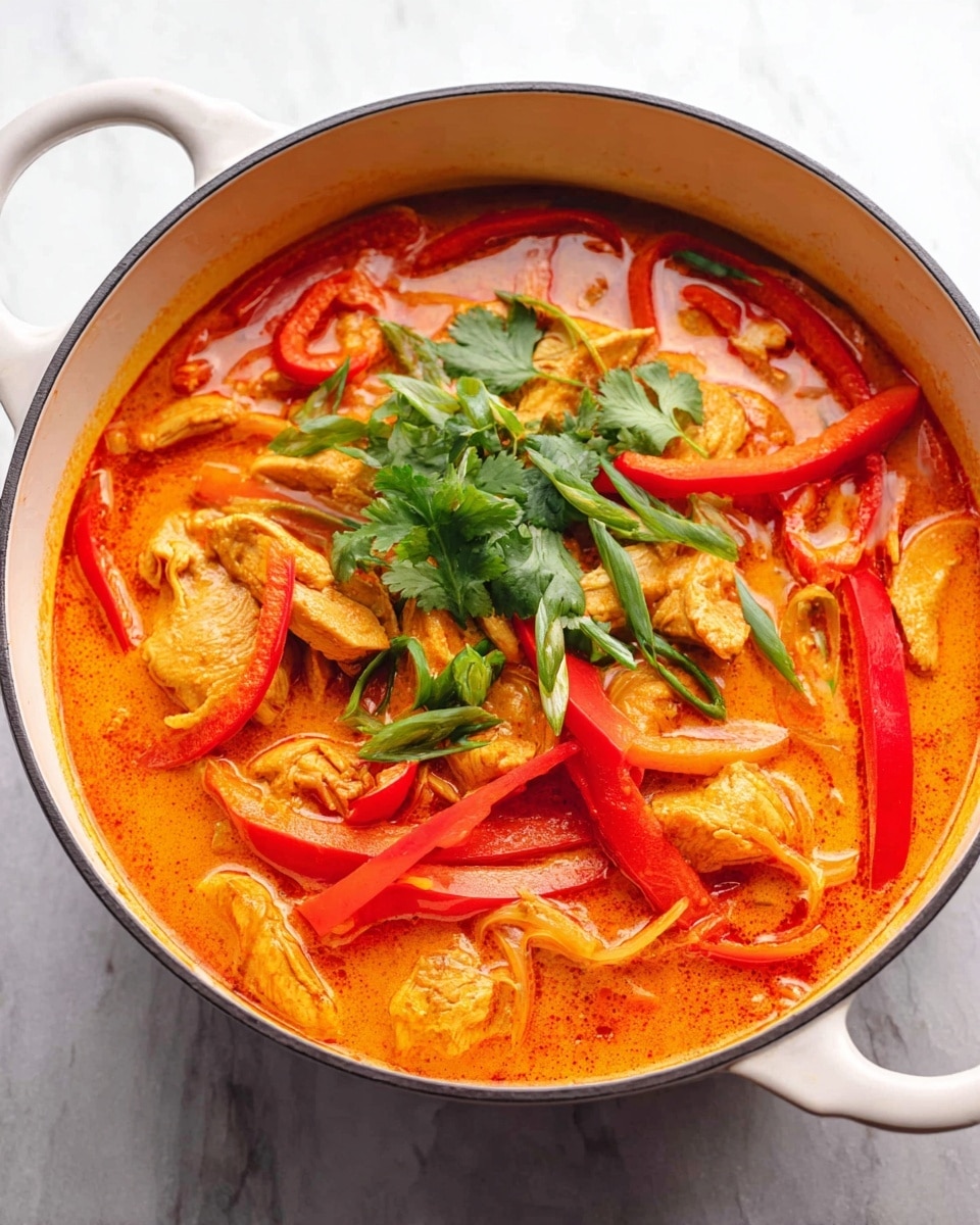 Large white enameled cast iron pot filled with vibrant Thai red curry, whole dish showcasing tender chicken pieces, bright red bell pepper strips, and a rich creamy coconut curry sauce, generously garnished with fresh cilantro and sliced green onions, shot in natural lighting on a white marble background from a 3/4 angle, professional food magazine hero photo taken with an iphone --ar 4:5 --v 7