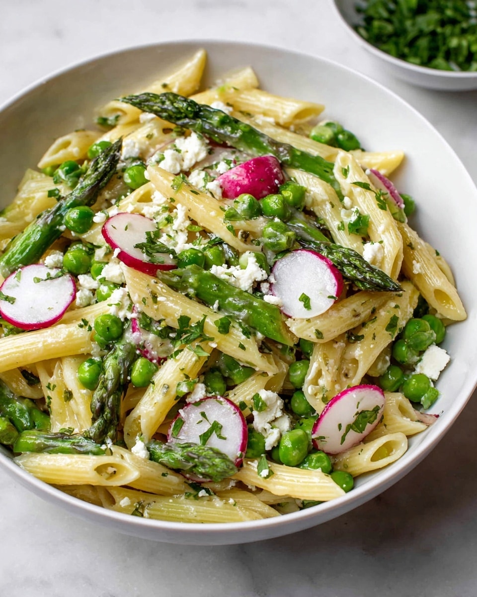 Large white bowl filled with a vibrant spring pasta salad featuring whole penne pasta, bright green asparagus tips, fresh peas, and thinly sliced radishes, all tossed with a light sprinkle of grated cheese and fresh herbs like dill and parsley, presented on a white marble countertop with natural lighting, professional food styling photo taken with an iphone --ar 4:5 --v 7