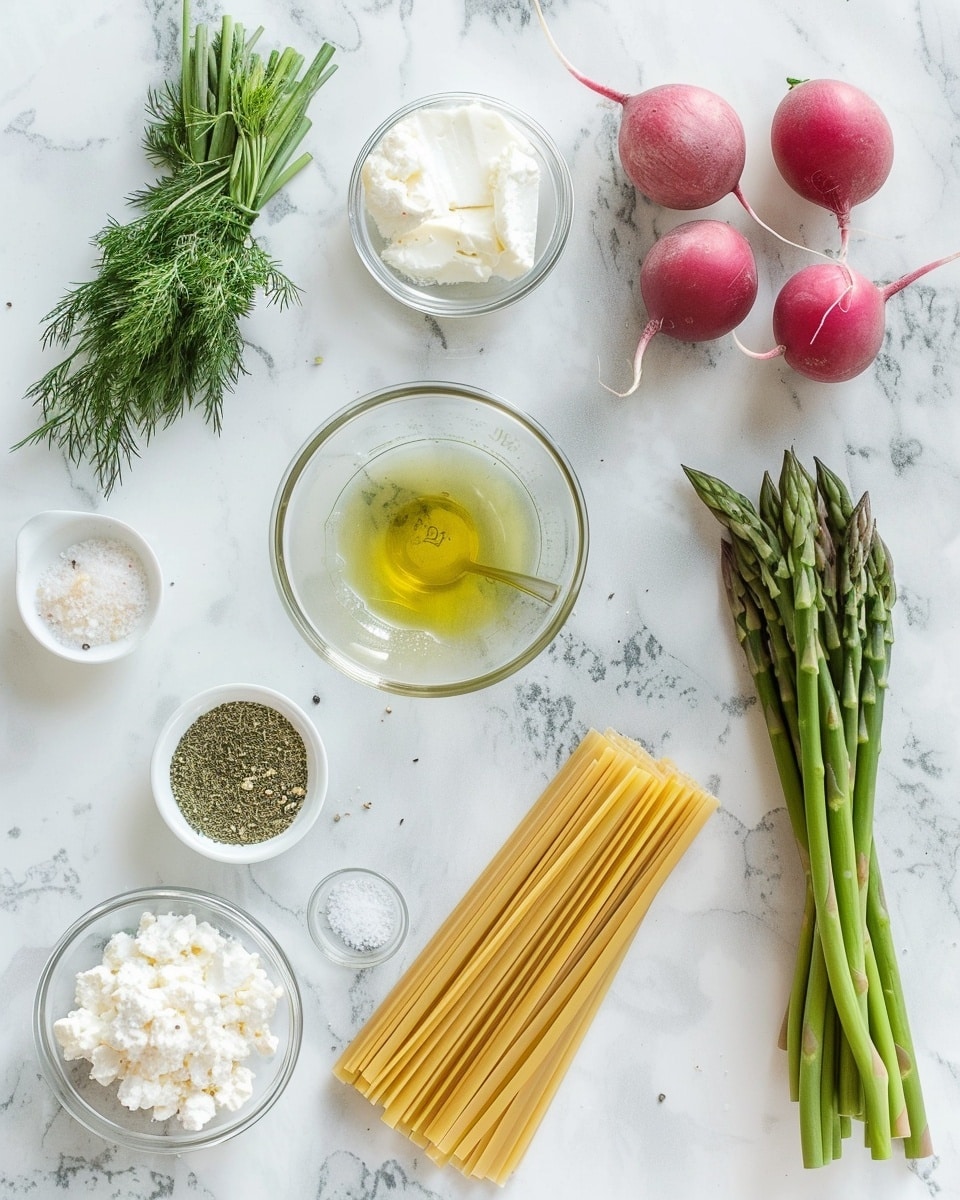 Single white bowl containing a close-up, intimate serving of penne pasta mixed with bright green asparagus spears, vibrant green peas, and thinly sliced radishes, sprinkled generously with crumbled white cheese and finely chopped fresh herbs, showcasing the fresh textures and colors of the vegetables against the smooth pasta, lightly dressed with a hint of oil, all placed on a white marble surface in natural lighting, styled as a ready-to-eat plated portion, photo taken with an iphone --ar 4:5 --v 7