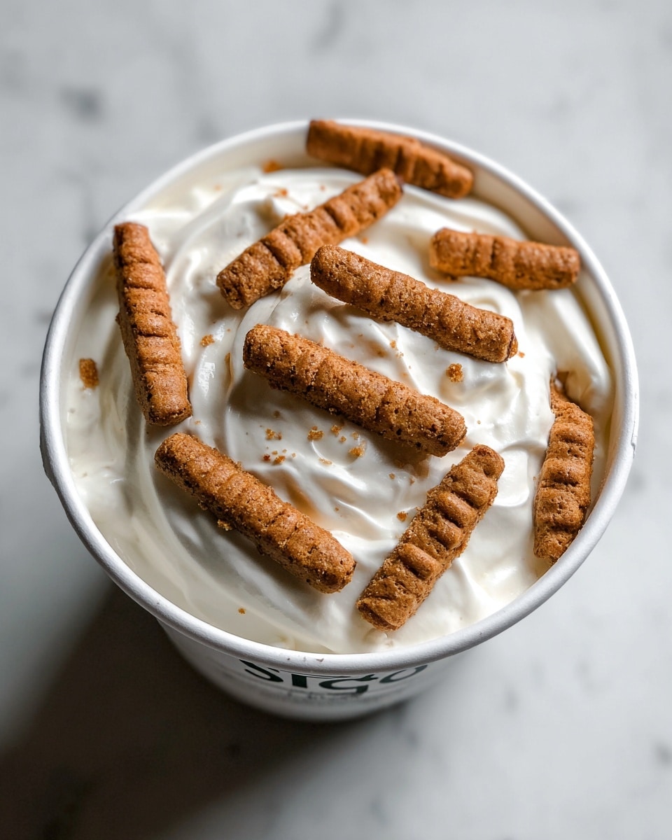 Single white bowl with a close-up of a creamy white yogurt topped with evenly spaced crunchy cinnamon biscuit sticks, showing the smooth texture of the yogurt beneath the crisp cinnamon-coated biscuits, natural light illuminating the details on a white marble surface, intimate plated serving photo taken with an iphone --ar 4:5 --v 7