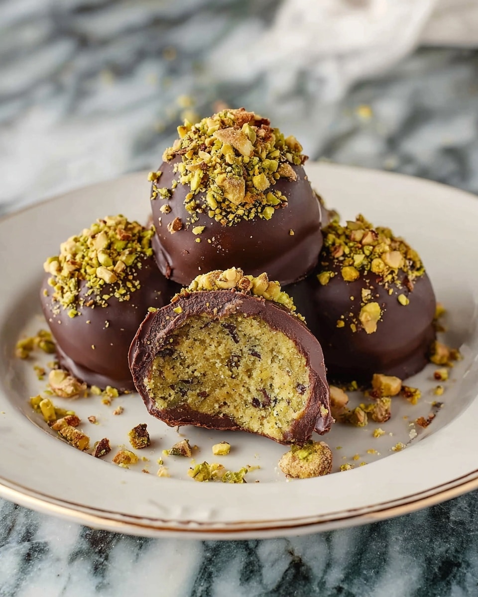 White ceramic plate piled with a full batch of round chocolate-covered truffles, each generously coated in smooth dark chocolate and sprinkled with crushed pistachios, some truffles casually scattered around the plate on a textured gray surface, photographed from a 3/4 angle with natural lighting on a white marble background, professional food styling photo taken with an iphone --ar 4:5 --v 7