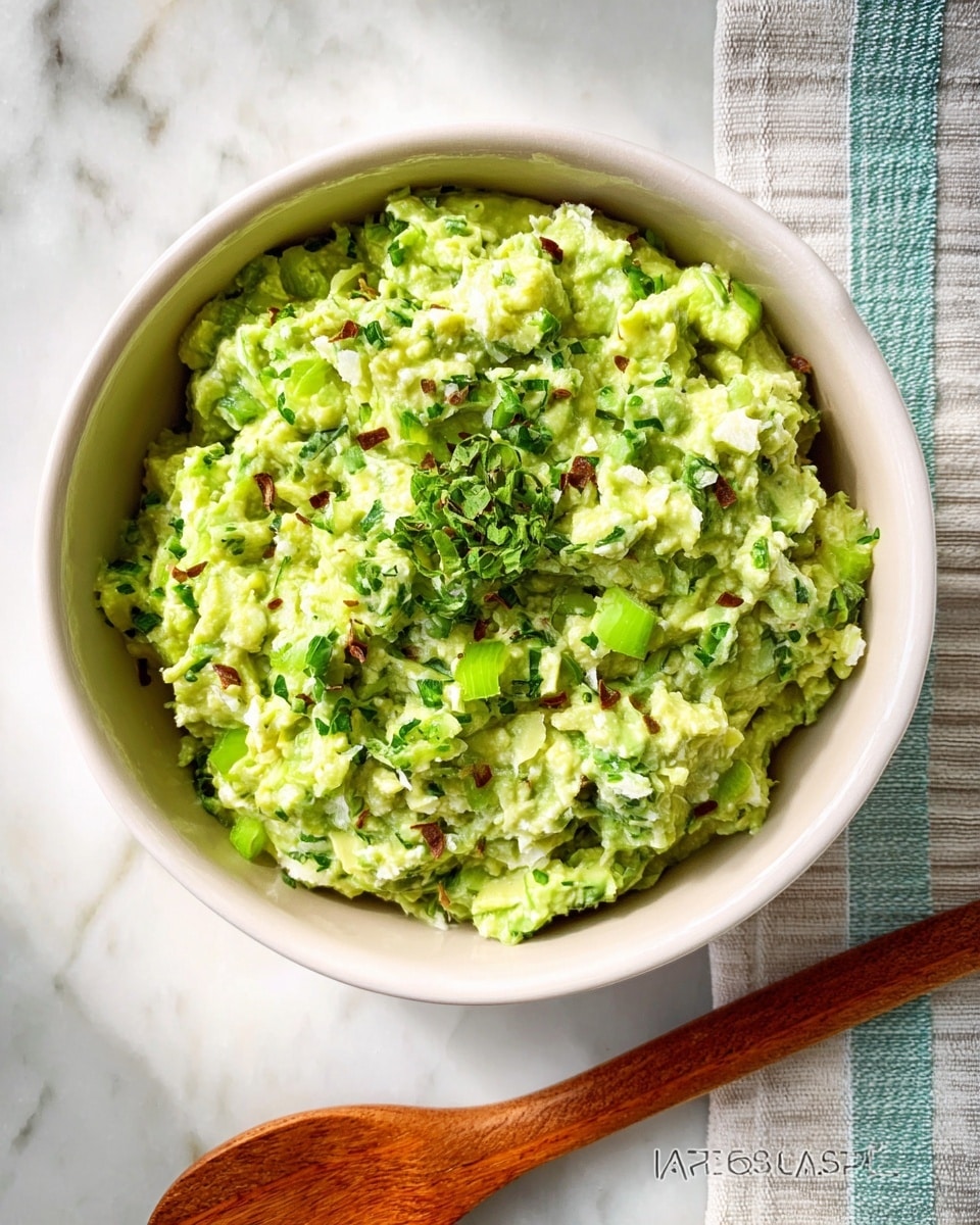 Large white serving bowl filled with vibrant green avocado salad mixed with finely chopped cucumbers, herbs, and onions, showcasing a fresh and creamy texture with visible seasoning, accompanied by wooden salad spoons lifted by a woman's hand, all set on a white marble countertop with natural lighting for a professional food magazine hero shot, whole dish fully shown in frame photo taken with an iphone --ar 4:5 --v 7