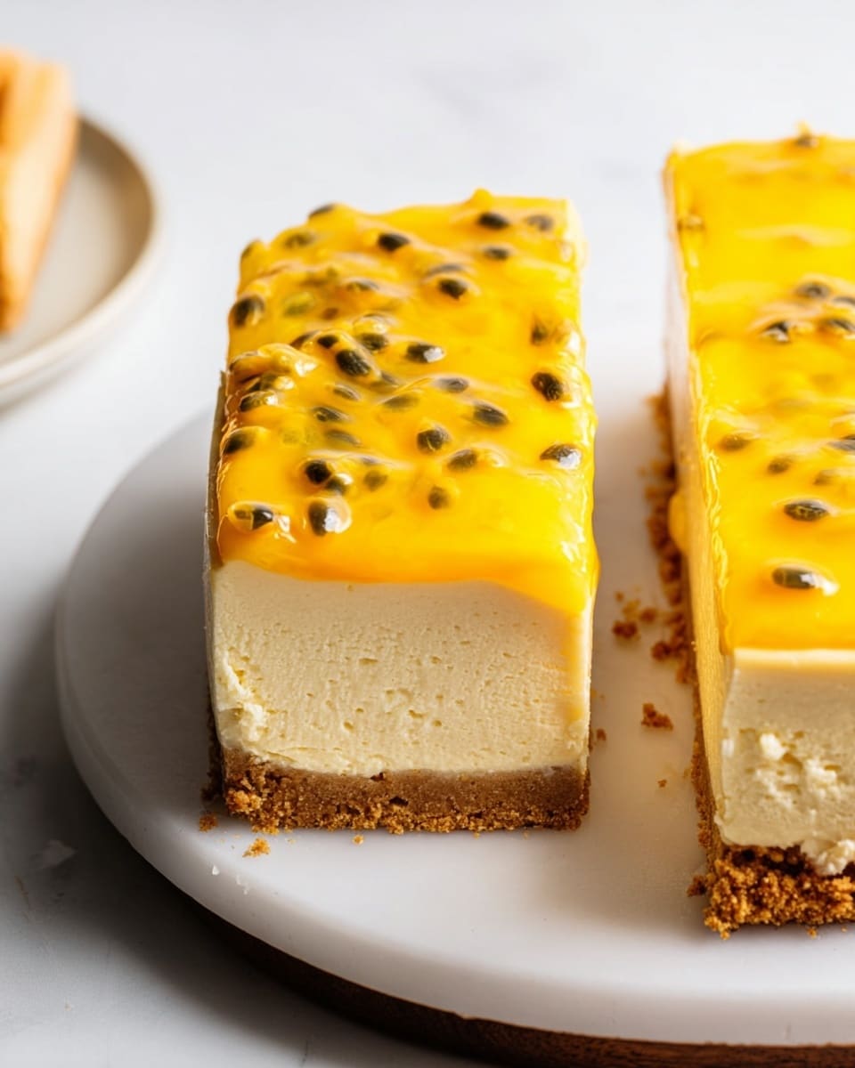 Rectangular whole passion fruit mousse cake displayed on a long white serving platter, topped with a smooth, glossy vibrant yellow passion fruit glaze dotted with black seeds, resting on a light biscuit base, the entire cake uncut and decorated simply to highlight the tropical fruit topping, shot from a 3/4 angle on a white marble countertop with natural light, styled as a hero food magazine photo taken with an iphone --ar 4:5 --v 7