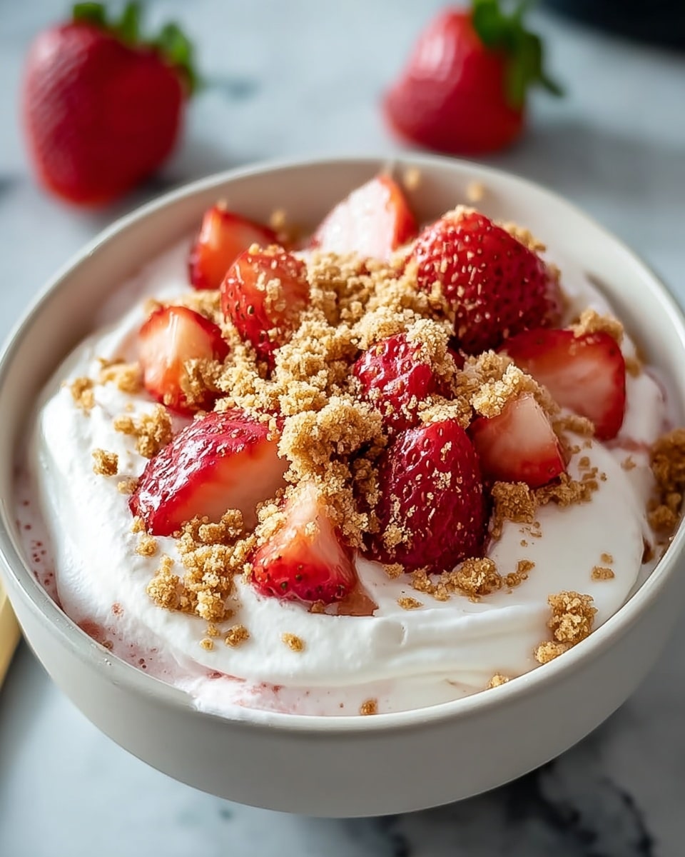 Large white bowl filled with creamy strawberry mousse topped with a generous pile of whole and halved fresh strawberries, sprinkled evenly with golden, crumbly biscuit granules, the entire dessert presented in a pristine white bowl on a white marble countertop, natural lighting highlighting the texture and vibrant colors, professional food styling photo taken with an iphone --ar 4:5 --v 7