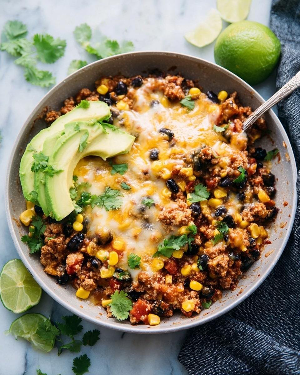 Large white Staub skillet filled with a vibrant Mexican-inspired ground turkey and black bean skillet, bursting with sweet corn, black beans, diced tomatoes, and green peppers, topped with a generous layer of melted cheese, garnished with beautifully sliced avocado, fresh cilantro sprigs, and lime wedges arranged neatly on one side, all presented on a white marble countertop with natural light highlighting the textures and colors, professional 3/4 angle hero shot photo taken with an iphone --ar 4:5 --v 7