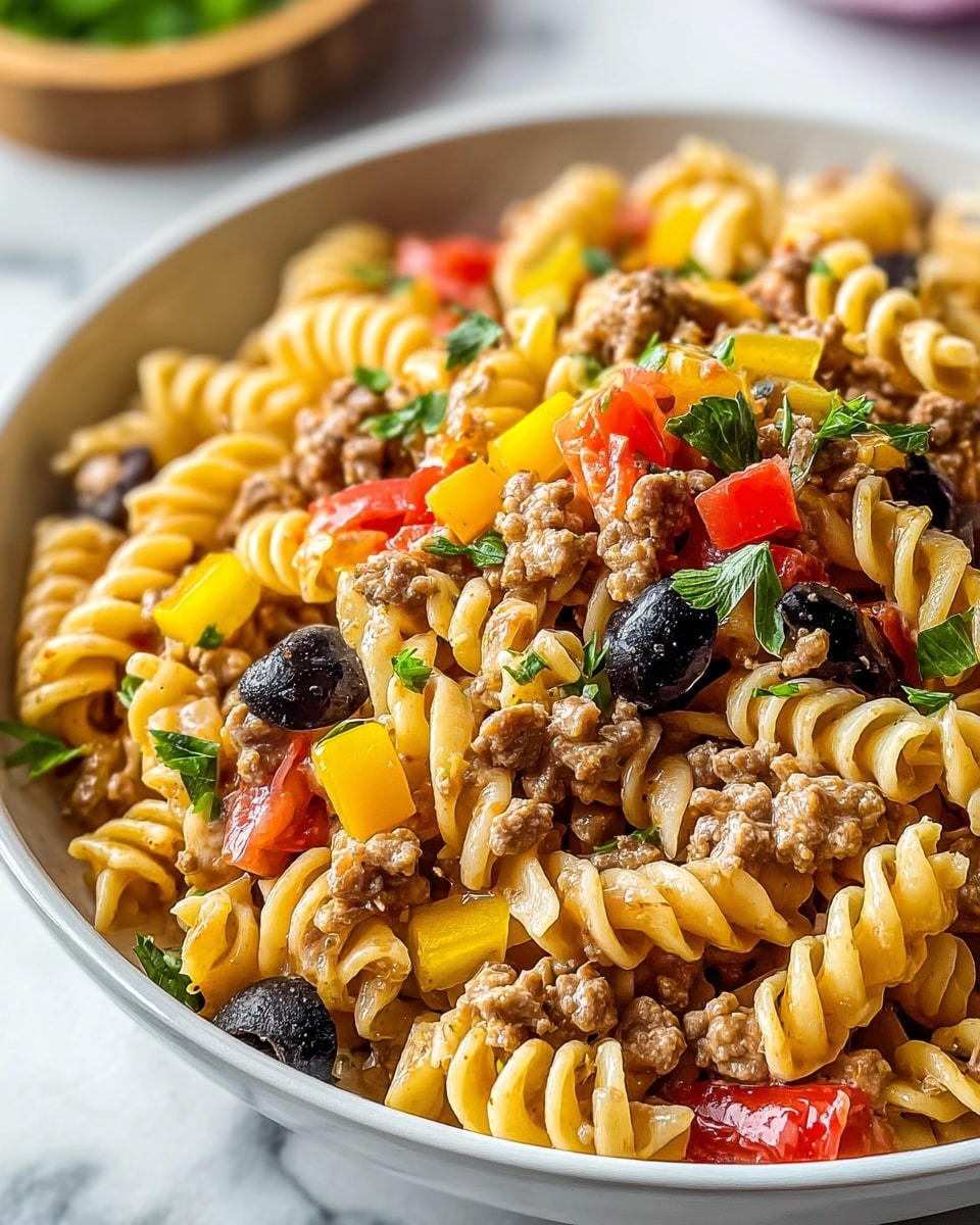 Large white serving bowl filled with a generous portion of cheesy pasta salad featuring spiral rotini and shell pasta mixed with ground meat, whole cherry tomatoes, sliced black olives, and sprinkled parsley, all coated in a creamy cheese sauce, presented from a 3/4 angle on a white marble countertop with natural lighting, styled like a hero shot from a food magazine, whole dish visible in frame, photo taken with an iphone --ar 4:5 --v 7