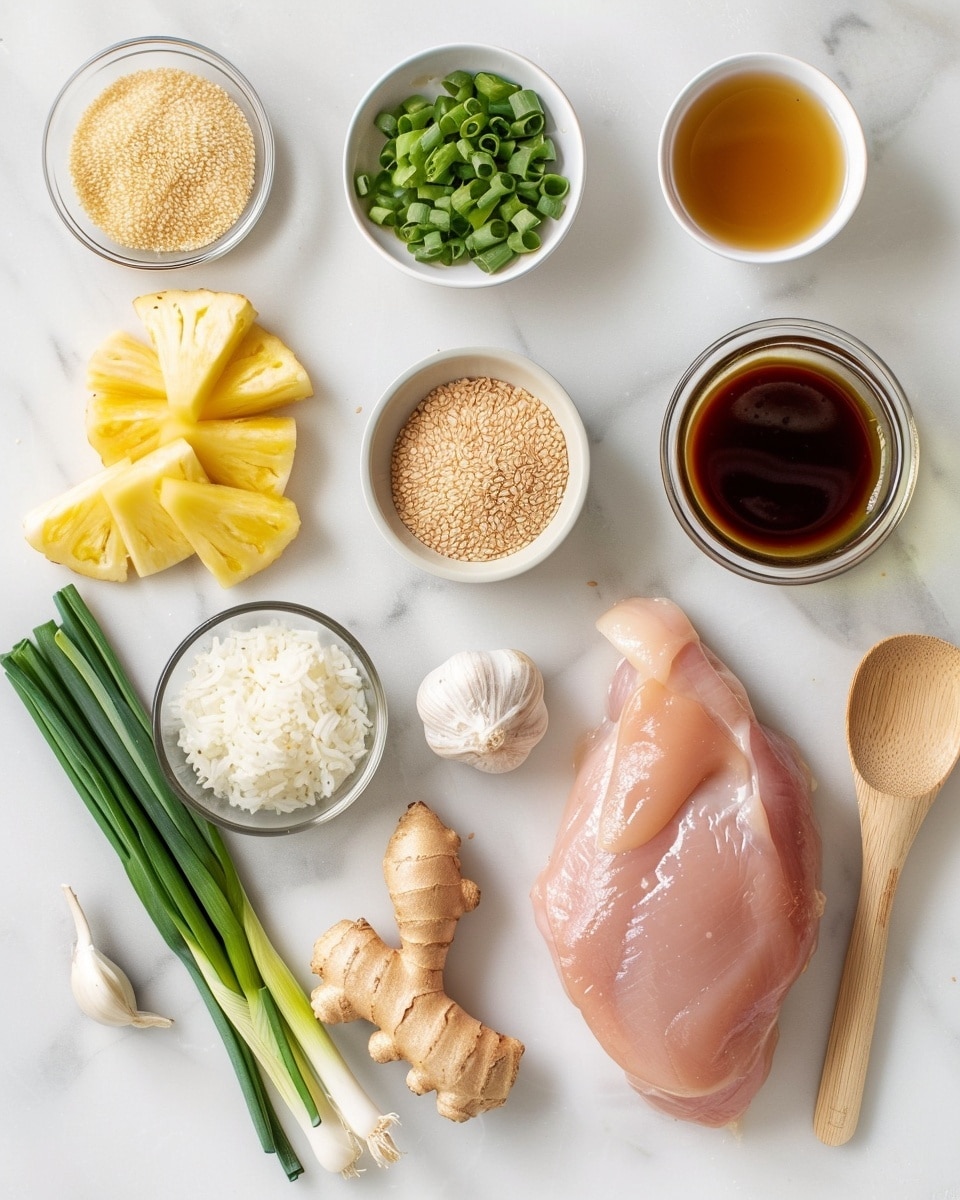 Single white round plate with one plated portion of grilled teriyaki shrimp stacked over a compact mound of fluffy white rice, topped with a perfectly charred pineapple ring and garnished with thinly sliced green onions and sesame seeds, close-up angled shot reveals the glossy, richly glazed exterior of the shrimp with dark caramelized edges dripping teriyaki sauce down the rice, fresh green dill sprigs decorate the plate edge, placed on a white marble surface under natural lighting, intimate styled food blog serving photo taken with an iphone --ar 4:5 --v 7