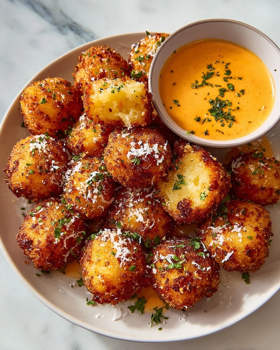 Large white rectangular platter filled with a generous heap of golden-brown crispy roasted baby potatoes, sprinkled with finely chopped fresh parsley and grated Parmesan cheese, accompanied by a small white bowl of creamy orange dipping sauce with herb flecks, all arranged on parchment paper atop a white marble countertop, captured in a professional 3/4 angle food magazine style, natural lighting, photo taken with an iphone --ar 4:5 --v 7